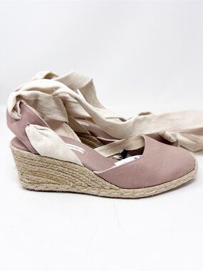 ZARA TRAFULAC TAUPE RAFFIA WEDGE SANDALS WITH ANKLE TIES WOMENS SZ 9 NWT